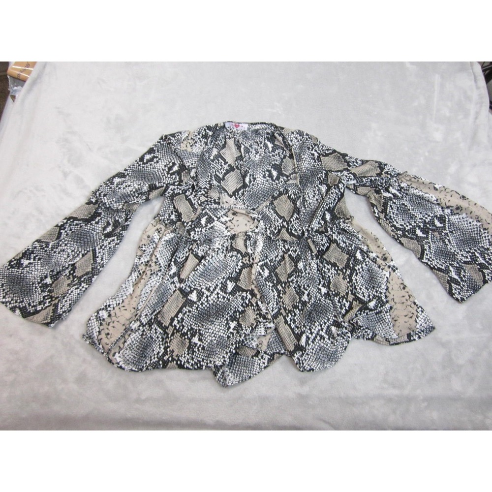 BuddyLove Peplum Blouse Womens S Grey Snakeskin Bell Sleeve Open Tie Back Top